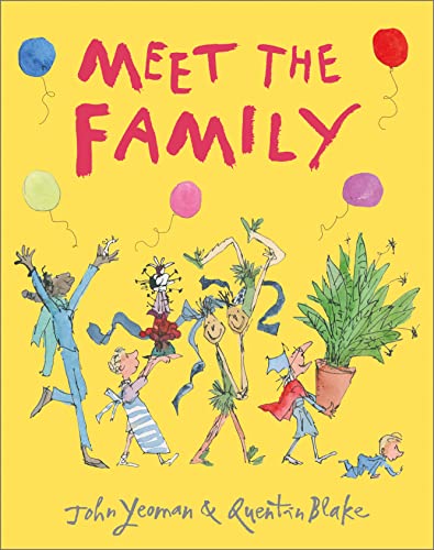 Yellow book cover with colorful, whimsical illustrations of a family.