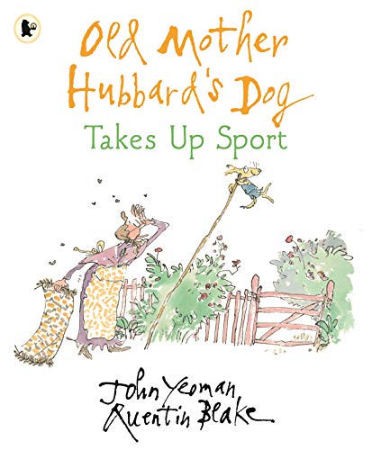 Book cover: Old Mother Hubbard’s dog pole-vaulting with a woman watching.