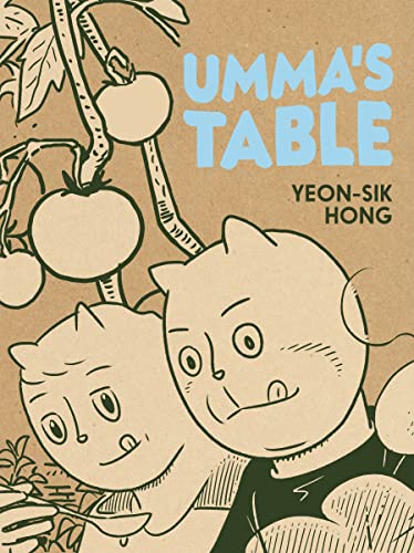Book cover: "Umma's Table" with illustrated tomatoes and two cartoon faces.
