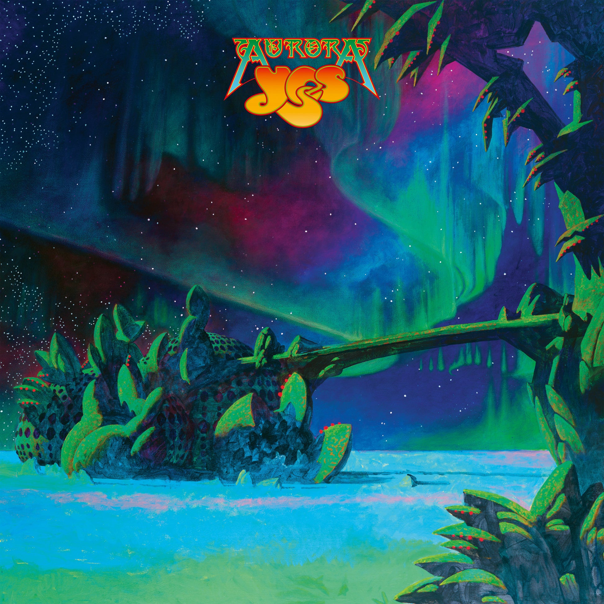 Surreal landscape with aurora borealis, jagged rock formations, and the Yes Aurora logo above.
