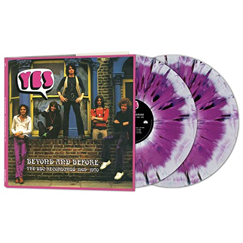 Yes’ “Beyond and Before” vinyl record with band photo and purple swirl discs.
