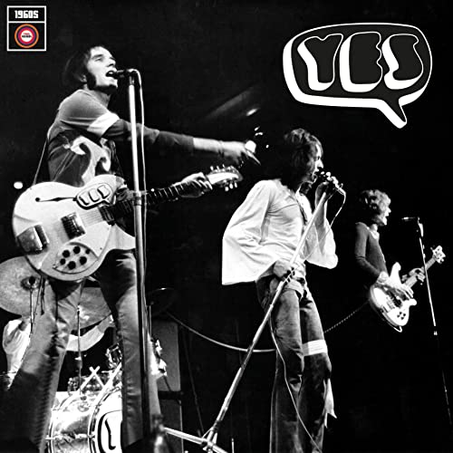 Black and white album cover featuring the band Yes performing live.