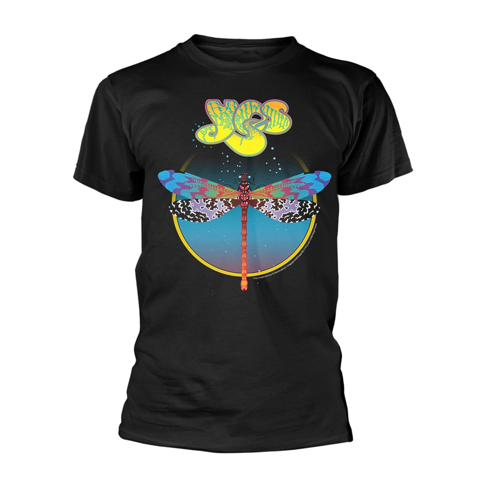 Black t-shirt with a colorful dragonfly and "YES" band logo design.