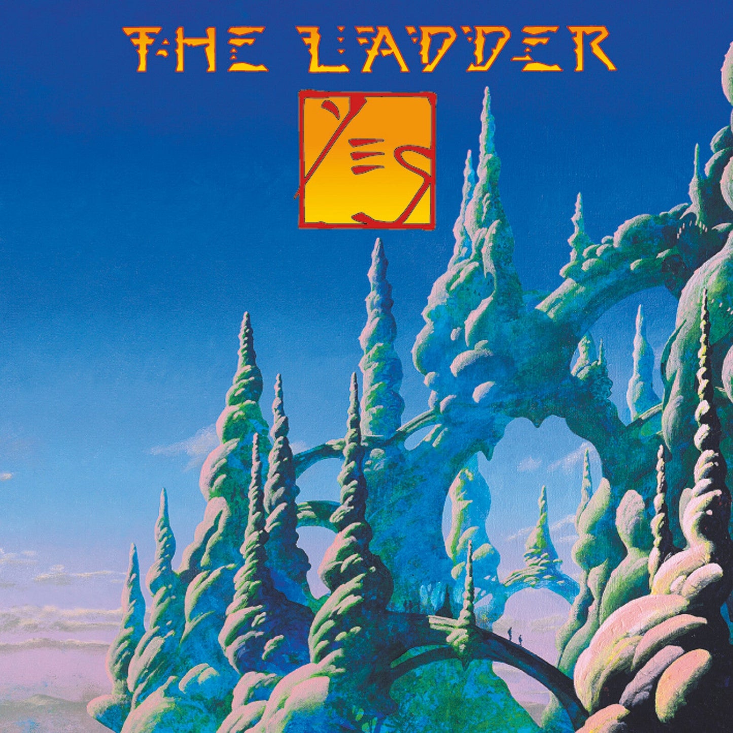 Album cover with surreal landscape and orange title text for Yes - The Ladder.