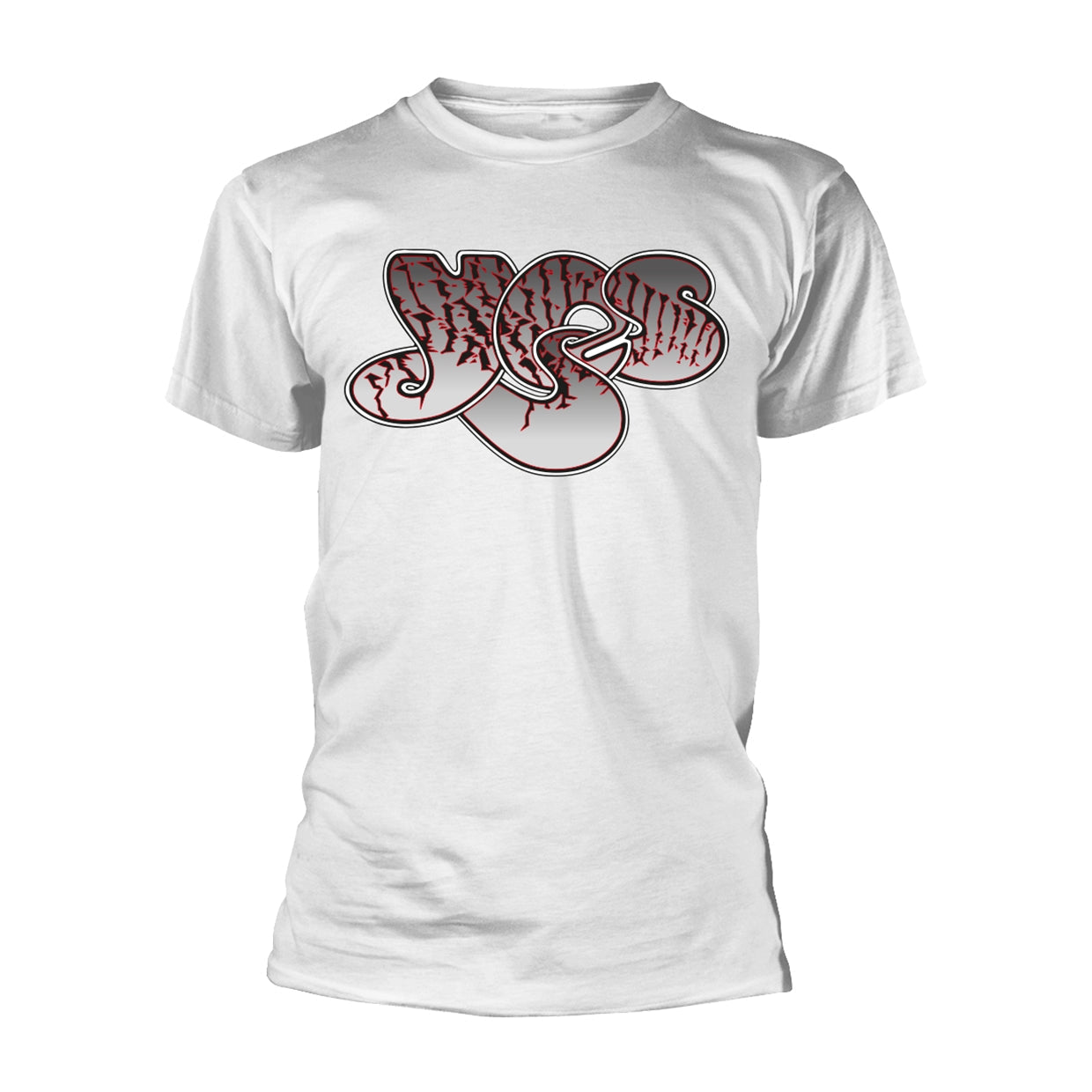 White t-shirt with a red and gray fractured "YES" logo print.