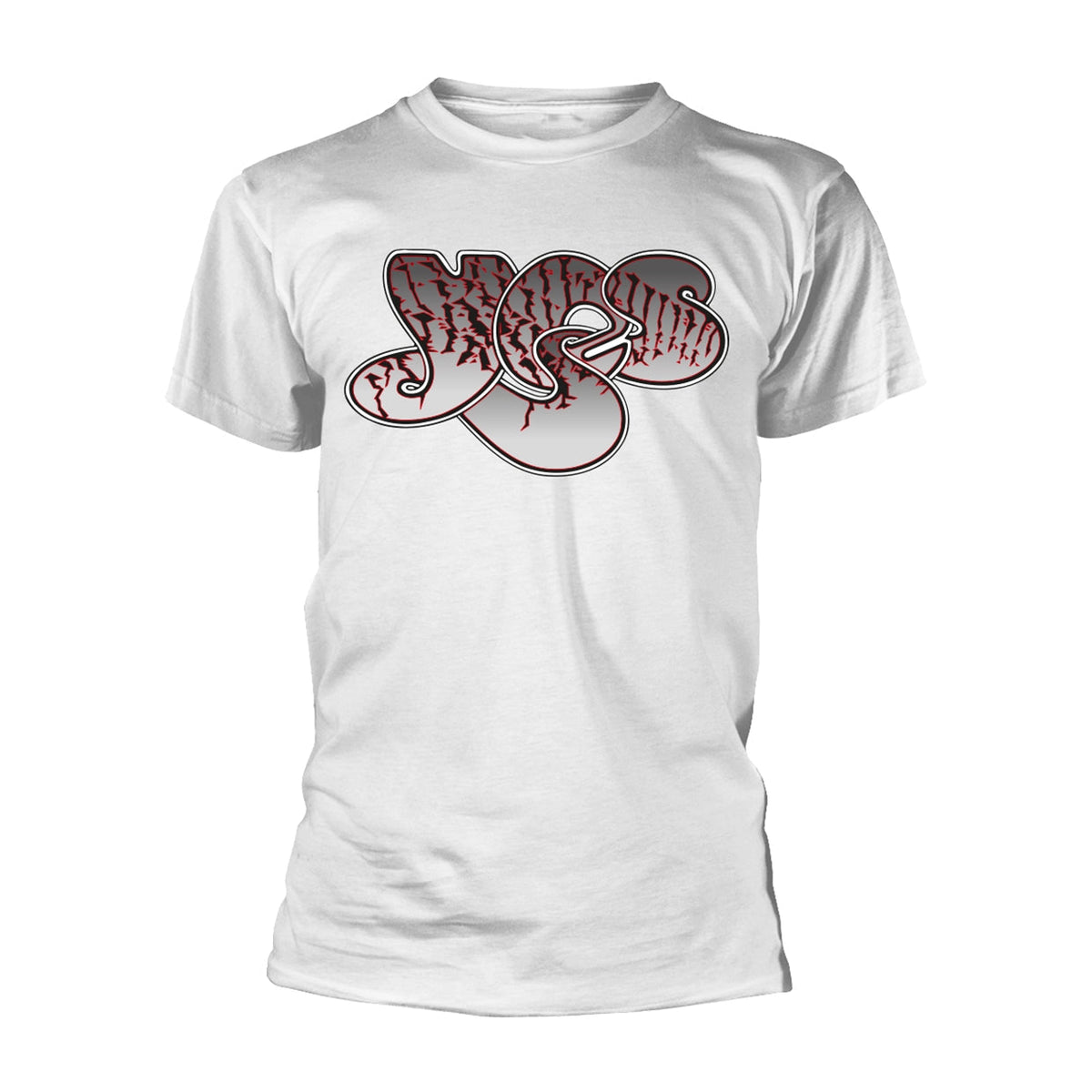 White t-shirt with a red and gray fractured "YES" logo print.