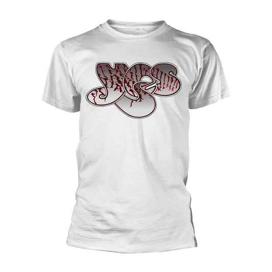 White t-shirt with a red and gray fractured "YES" logo print.