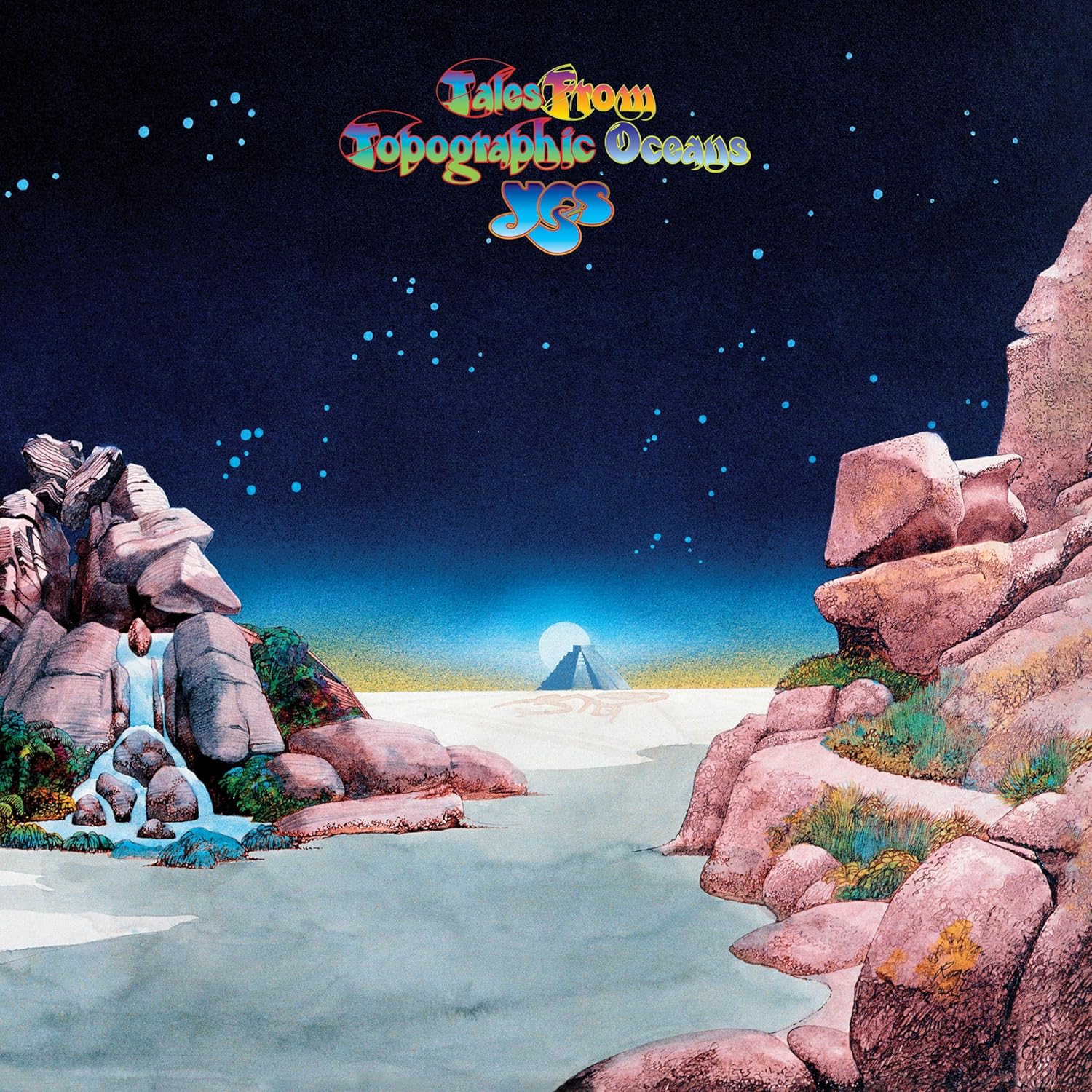 Album cover: landscape with mountains, waterfall, and distant pyramid.