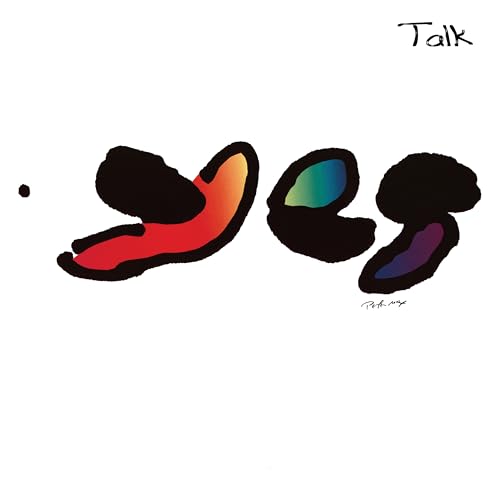 Yes album "Talk" cover: abstract black shapes with red, purple, and blue.