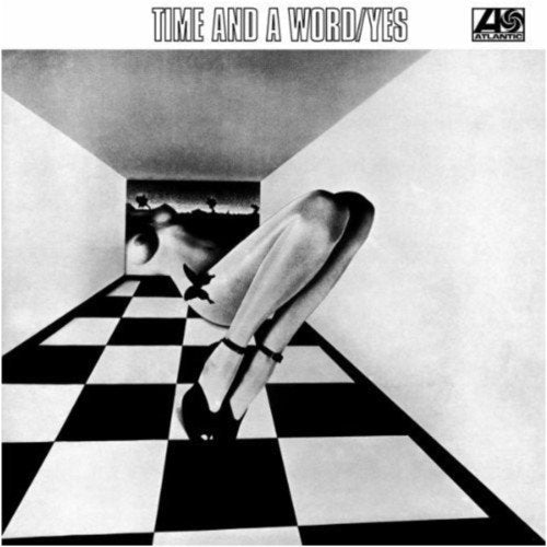 "Album cover: surreal black and white image with checkered floor and bound figure."