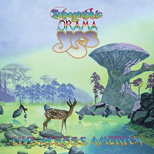Yes album cover: fantastical landscape with deer, trees, and colorful text.