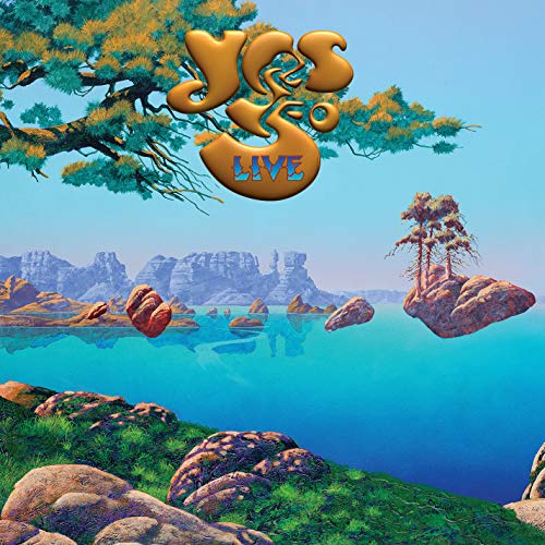 Yes 50 Live album cover: landscape with floating islands and trees.