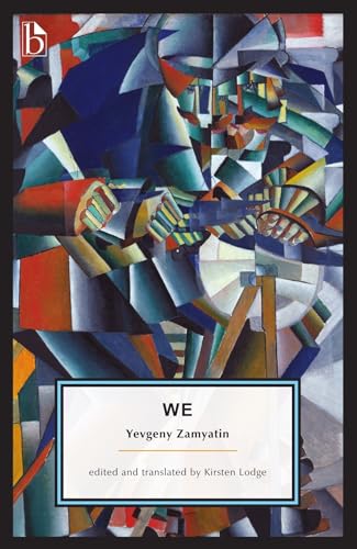 Book cover for "We" by Yevgeny Zamyatin with abstract geometric art.