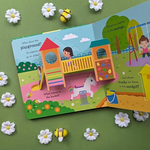 Open children’s book page showing a colorful playground scene with a girl.