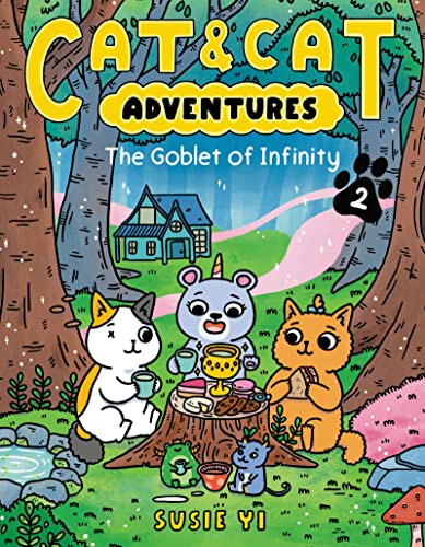 Two cats and a bear-like creature having a picnic in a forest.