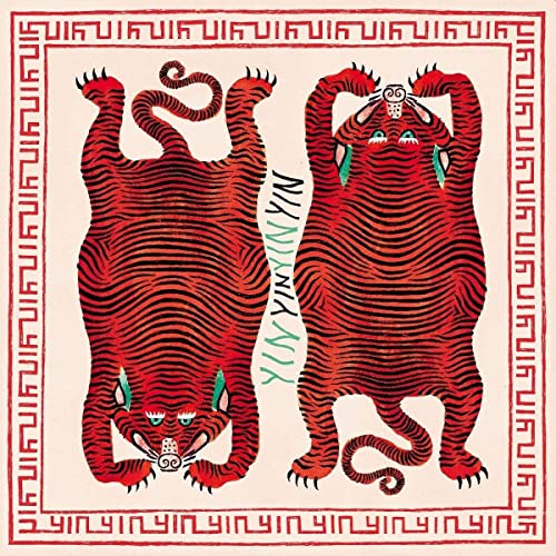 Red tiger-striped creatures with human-like faces, hands raised, on beige.