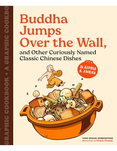 Cookbook cover featuring a leaping Buddha and a pot of Chinese food.