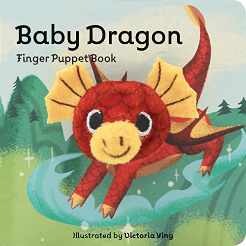 Red baby dragon finger puppet book with illustrated forest background.