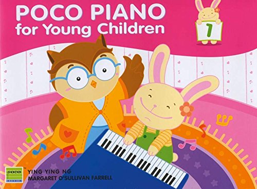 Colorful piano music book with young child illustrations, sheet music, and educational content.