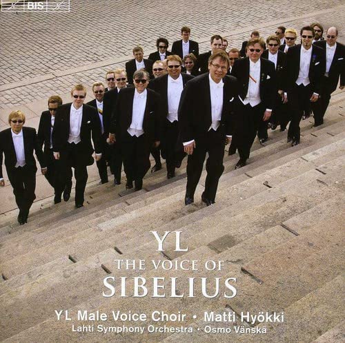 Choir members in formal wear walk up stone steps on CD cover.