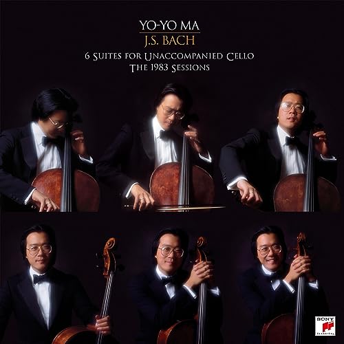 Yo-Yo Ma in six poses playing cello, album cover for Bach suites.