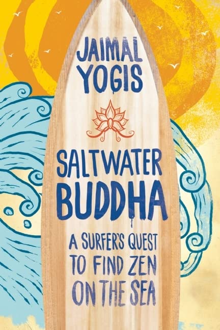 Book cover with title on surfboard, waves, sun, and lotus illustration.