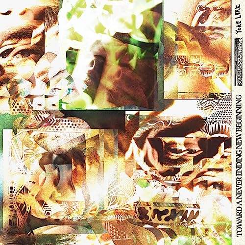 Collage of fragmented faces and patterns in warm, muted tones.