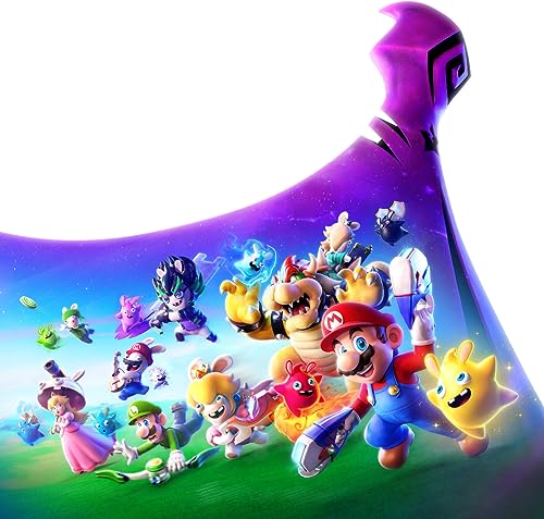 Mario, Rabbids, and Bowser characters gathered beneath a purple, swirling sky.