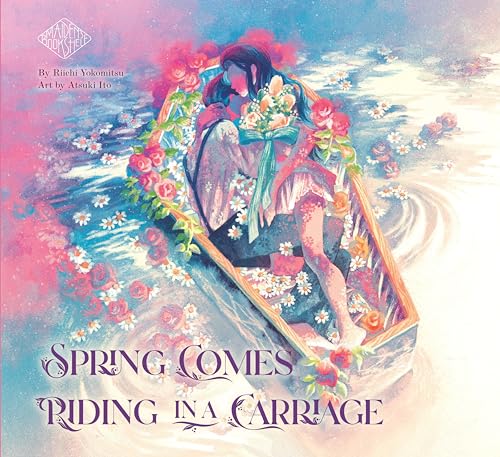 Girl with flowers riding in a floral-decorated carriage frame.