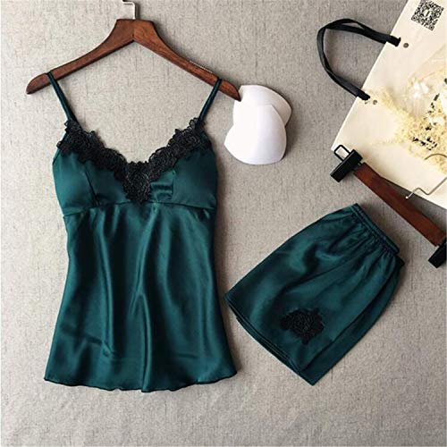 Dark teal lace-trimmed camisole and shorts set hanging on a wooden hanger.
