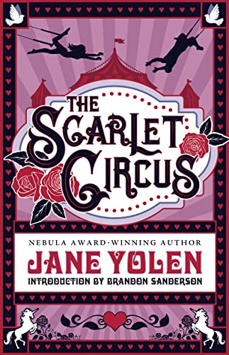 Book cover: “The Scarlet Circus” with circus performers and unicorns.