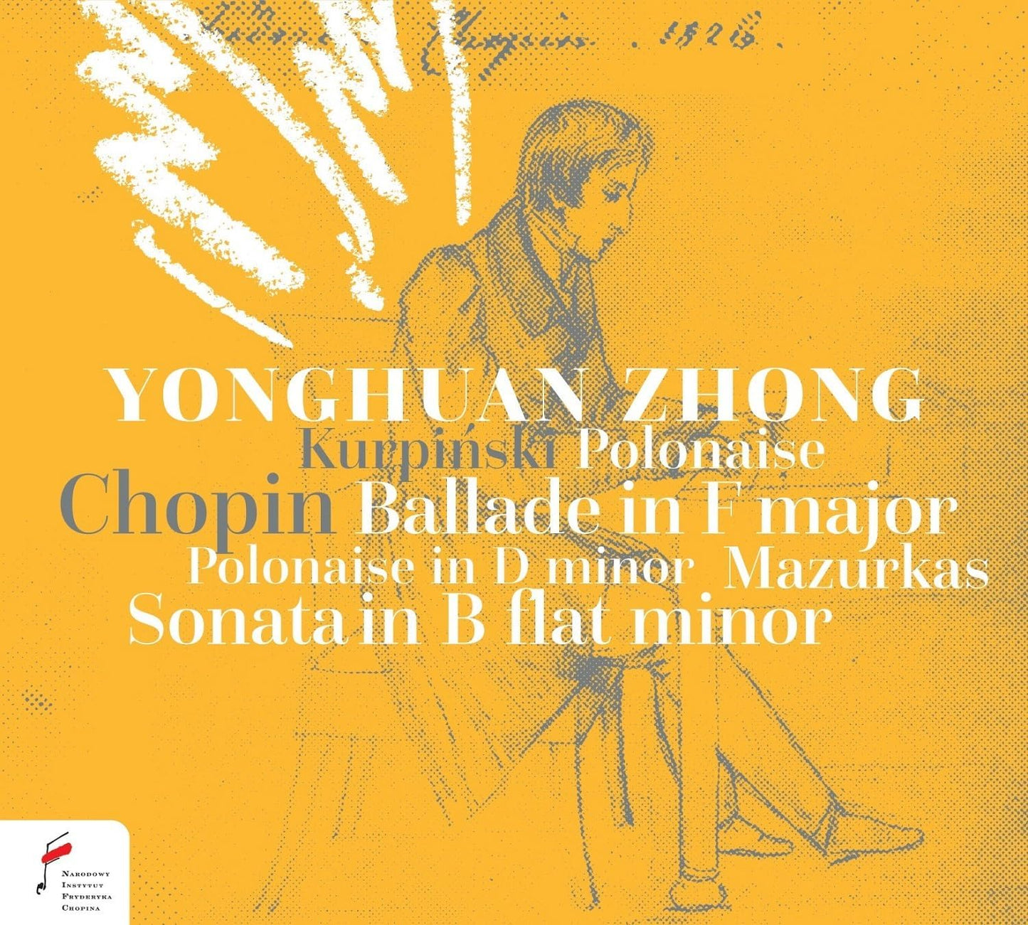 CD cover featuring a portrait of Frédéric Chopin and yellow background.