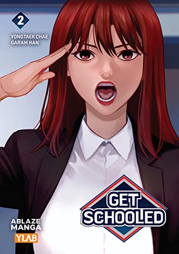 Manga cover featuring a red-haired woman in a suit saluting with her mouth open.
