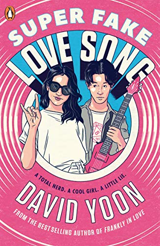 Book cover: two young people with a guitar, pink and blue design.