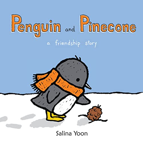 A cartoon penguin wearing an orange scarf looks down at a small brown pinecone.