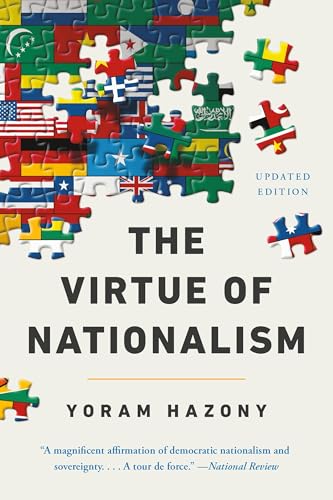 Book cover with a puzzle of world flags and the title The Virtue of Nationalism.