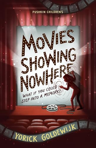 A girl touches a glowing screen in a theater, with film reels and red curtains.