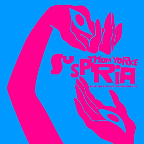 Pink abstract hands and text reading “Suspiria” by Thom Yorke.