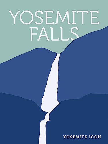 Stylized illustration of Yosemite Falls between blue mountains, light green sky.