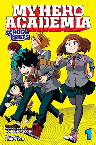 My Hero Academia School Briefs volume 1 cover featuring anime characters running on yellow.