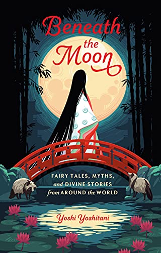 Book cover: crane silhouette, red bridge, moon, and lotus flowers.