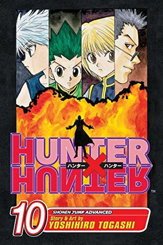 Hunter x Hunter volume 10 manga cover featuring four characters above a fiery background.