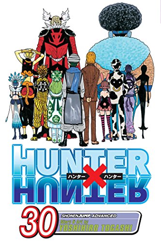 A group of diverse anime characters seen from behind above the Hunter X Hunter logo.