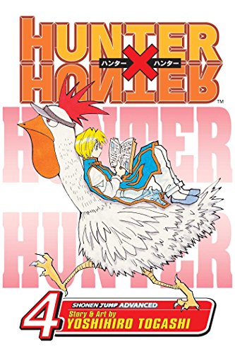 Kurapika reads a book while riding a giant chicken on the Hunter x Hunter cover.