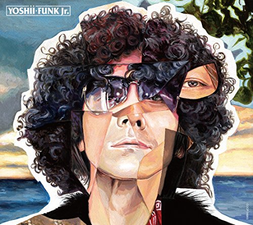 Painting of a man with curly hair and sunglasses, fragmented image.
