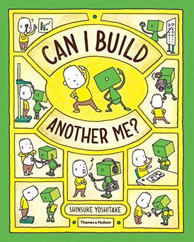 Book cover featuring a boy and his green robot clone in various cartoon panels.