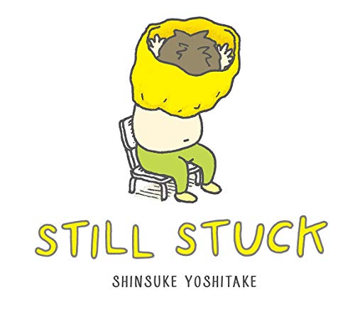 Cartoon of a figure with head stuck in a yellow bag, seated.