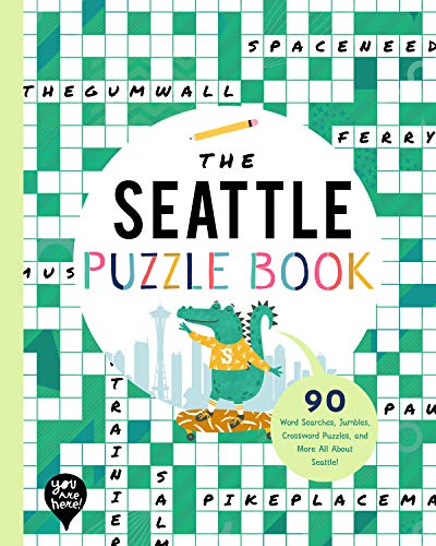 Puzzle book cover featuring Seattle landmarks, text title, and barcode.