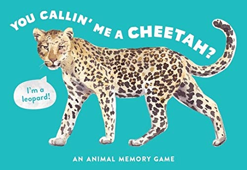 Leopard illustration with speech bubble on a teal game box cover.