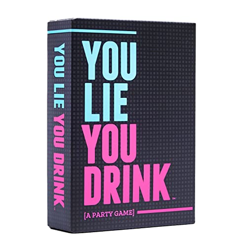 Dark blue game box with pink and teal text: "You Lie You Drink.